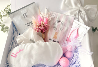 Thoughtful Bride Gift Ideas, bride gift box with sleep mask, prosecco gummies and other fillers