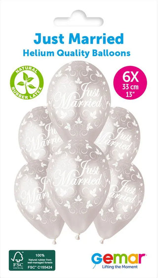 13" Latex Just Married Balloons - 6 Pack
