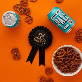 Groom badge with bold text and pin fastening for stag or wedding day