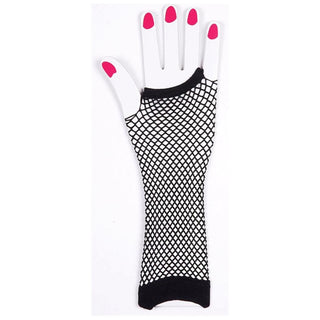 Pair of black fishnet fingerless gloves, ideal for 80s-themed parties, hen nights, or fancy dress events.