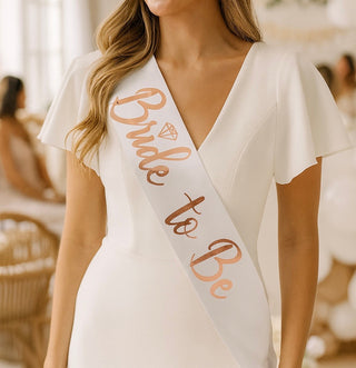 Bride To Be Sash, White and Rose Gold.