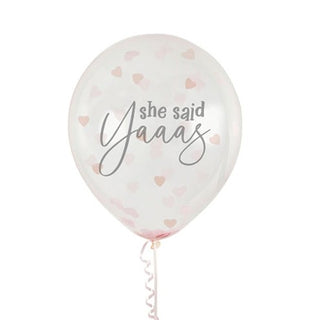 Clear balloons with rose gold confetti and She Said Yaaas print â€“ pack of 5