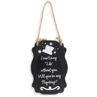 Wooden blackboard sign with Will You Be My Page Boy text and twine hanger â€“ 18cm tall
