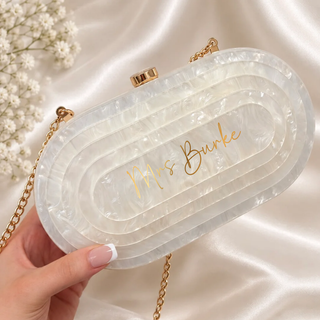 Bridal Pearl Marble Acrylic Clutch Bag with Gold Chain