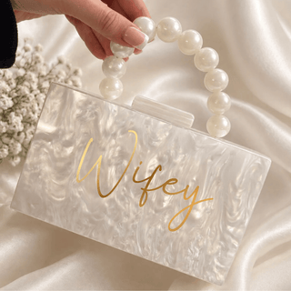 Bridal Pearl Handle Acrylic Clutch Bag with Gold Chain
