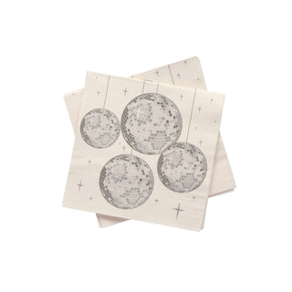 Pack of 16 silver disco-themed paper napkins featuring a shimmering design, ideal for party table settings.