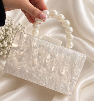 Bridal Pearl Handle Acrylic Clutch Bag with Gold Chain