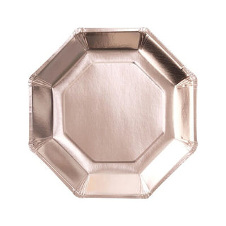 Set of 8 round rose gold foil paper plates, each measuring 25cm in diameter, ideal for stylish party settings.