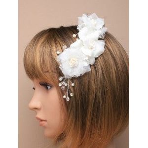 White Fabric Layered Flowers on a Silver comb