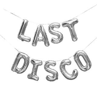 Silver 'Last Disco' 16-inch foil balloon garland spelling out 'Last Disco', ideal for hen party decorations.