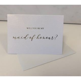 Elegant 'Will You Be My Maid of Honour' card with gold foil lettering and matching envelope
