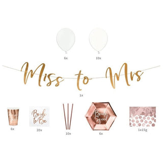 Rose gold hen party decoration set with balloons, banners, and confetti displayed on a wall