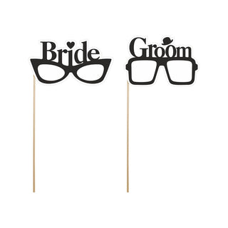 Set of novelty 'Bride' and 'Groom' glasses props on sticks, approximately 24cm in length, ideal for photo booths
