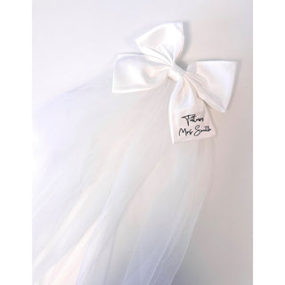 Personalised short satin bow veil â€“ elegant custom bridal accessory for hen parties