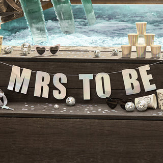 2-meter iridescent 'Mrs to Be' card banner, ideal for hen party and bridal shower decorations.