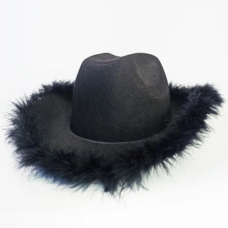 Black cowboy hat with fluffy feather brim, perfect for hen party celebrations