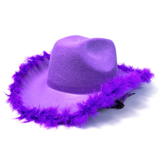 Purple cowboy hat with feather trim, ideal for hen party celebrations