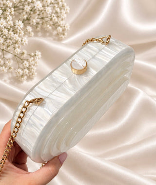 Bridal Pearl Marble Acrylic Clutch Bag with Gold Chain