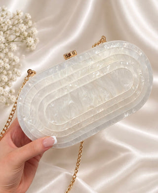 Bridal Pearl Marble Acrylic Clutch Bag with Gold Chain