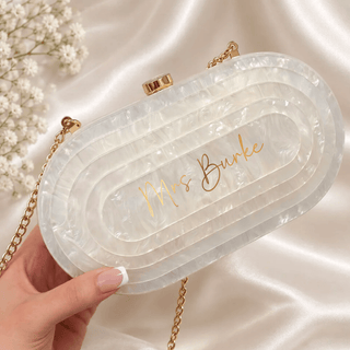 Bridal Pearl Marble Acrylic Clutch Bag with Gold Chain