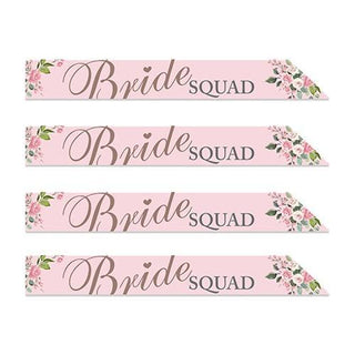 Set of 4 floral Bride Squad paper sashes with pink ribbon â€“ ideal for hen parties and bridal showers