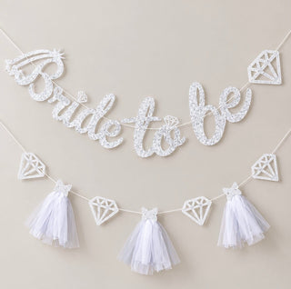 Bride To Be Silver Glitter Banner with Diamonds and Tulle