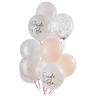 12 pack bridal balloon bundle with white, rose gold and confetti designs
