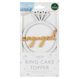 Wooden engagement ring cake topper with silver ring base and gold 'Engaged' script â€“ ideal for wedding cakes