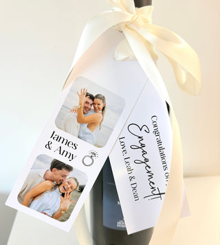 Engagement Wine Bottle Photo Gift Tag with Any Message & Ribbon