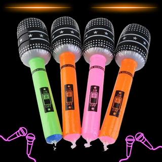Assorted neon-coloured 40cm inflatable microphones, featuring on/off switch graphics, ideal for party entertainment and photo booths.