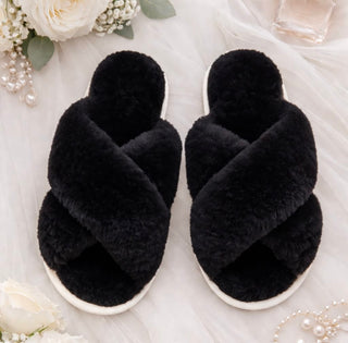 Fluffy Black Slippers - UK 3 to 6