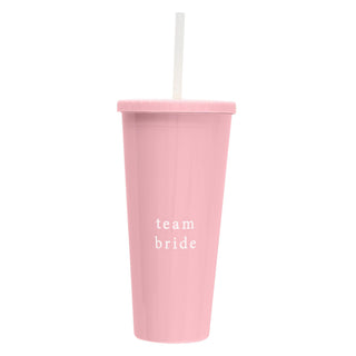 Reusable pink cup with 'Team Bride' text and matching pink straw, ideal for hen party drinks