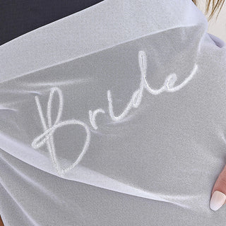 White sarong with 'Bride' embroidered in white thread, perfect for hen party celebrations