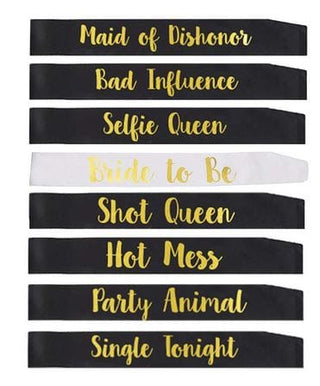 Hen Party Sash Set – 8 Funny Role Sashes (Black & Gold)