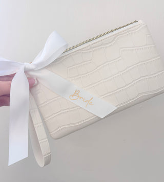 Ivory Textured Leather Makeup Pouch with Bride Ribbon