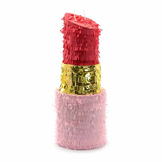 Lipstick-shaped piÃ±ata with pink, gold, and red fringe layers, ideal for hen party fun