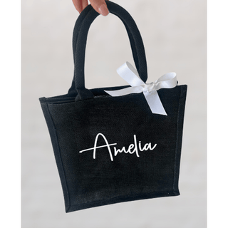 Personalised Black Burlap Tote Bags with ribbon