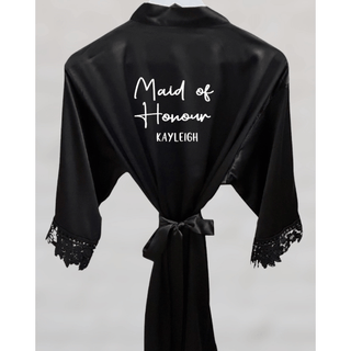 Personalised Silk Robe with lace trim - Black