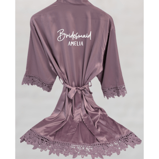 Personalised Silk Robe with lace trim - Mauve