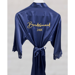 Personalised Silk Robe with lace trim - Navy