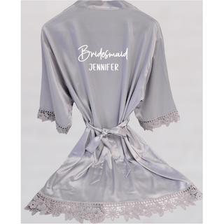Personalised Silk Robe with lace trim - Satin Grey