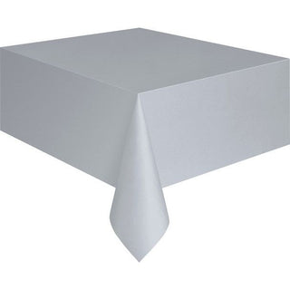 Silver tablecover displayed on a party table with metallic decorations