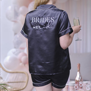 Black silk bridesmaid pyjamas â€“ luxury loungewear for hen parties and wedding mornings