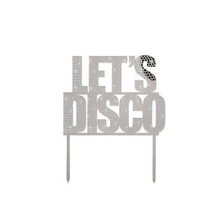 Silver acrylic 'Let's Disco' cake topper, ideal for disco-themed celebrations and hen parties.