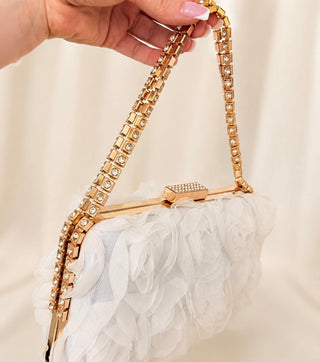 White Floral Rose Clutch Bag with Gold Diamanté Strap