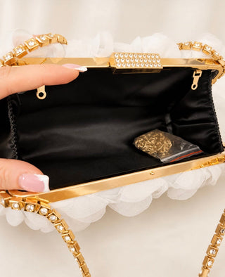White Floral Rose Clutch Bag with Gold Diamanté Strap