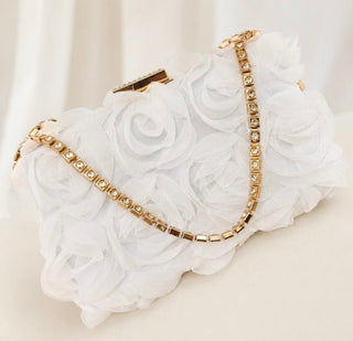 White Floral Rose Clutch Bag with Gold Diamanté Strap